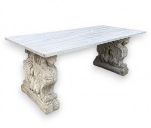 TAV326 - Marble table with composite stone bases, measurements cm L 200 x D 92 x H 71